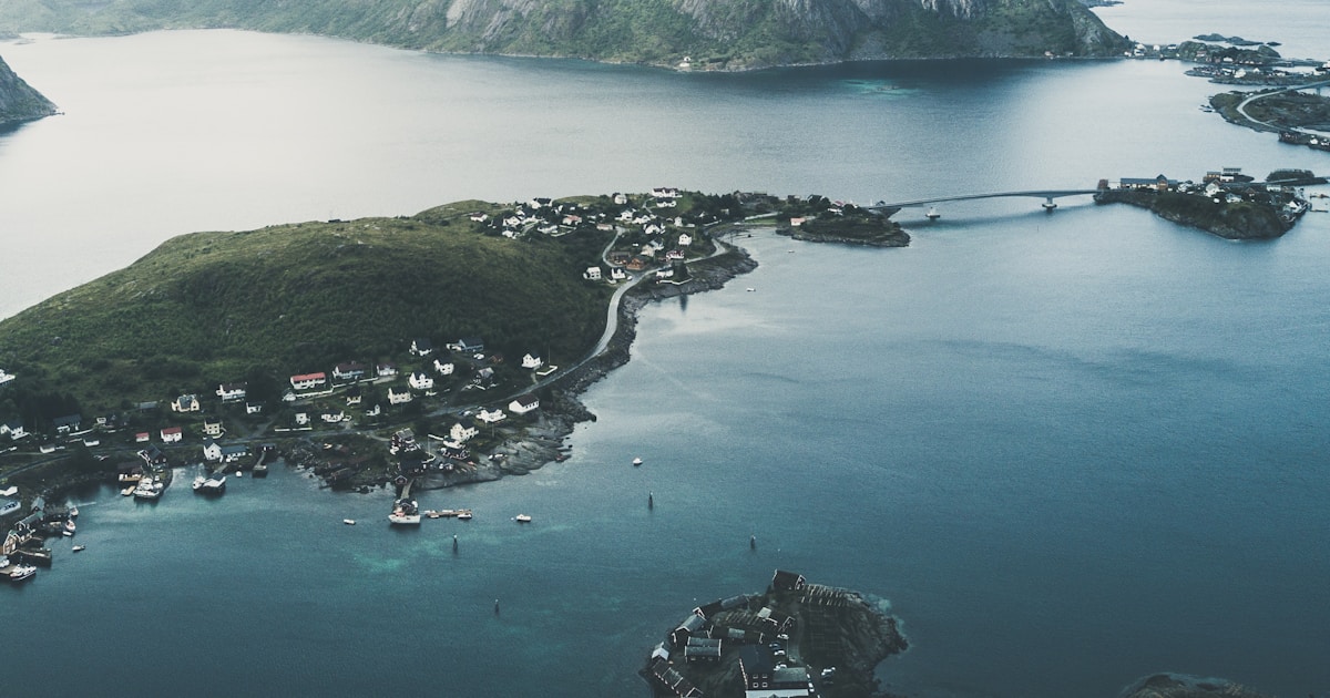 Dramatic landscape of the Lofoten Islands with mountains and sea